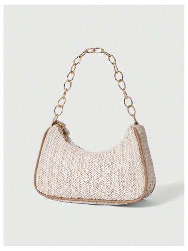 MakeMeChic Women's Straw Beach Purse Seashell Beaded Shoulder Handbags Summer Vacation Bags - color: Multicolor Rhinestone