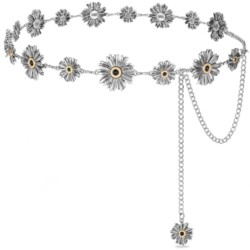 Western Turquoise Chain Belt for Women with Daisy Pattern Cowgirl Concho Metal Waist Belt for Boho Country - color: 4-silver(black Stone), size: Fit for Mid Waist up to 35"
