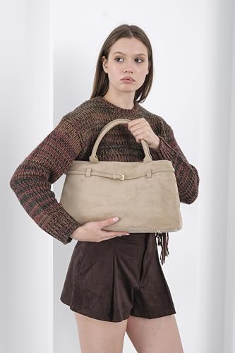 Base’ic Women’s Suede Tote Bag with Gold Hardware – Trendy Slouchy Shoulder Hobo Satchel Handbag Work Purse Travel Gift - color: Beige (Gold Hardware)