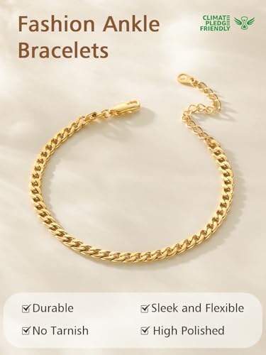 FindChic Stainless Steel Ankle Bracelets for Women, Waterproof Figaro/Cuban/Box/Beaded Chain Anklets, Summer Beach Foot Jewelry, 8.5''-10.5'' Adjustable Length, with Gift Box - style: Cuban Chain-Gold