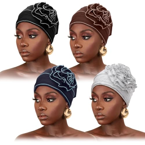 DRESHOW 4 Pcs Cotton Beanie Turban Headwear for Women Elastic Chemo Hats Soft Cancer Headwear Covers Wraps for Women's Hair