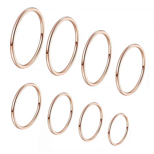 8pcs 1MM Thin Stainless Steel Knuckle Midi Stacking Rings for Women Plain Band Comfort Fit - color: Dome - Rose Gold 8pcs(size 3 to 10)