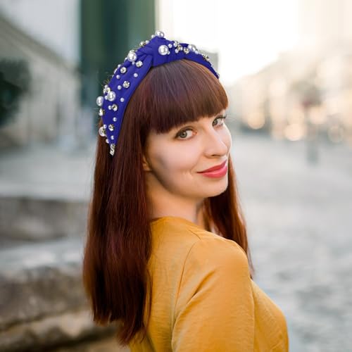 WantGor Pearl Knotted Headband, Women Rhinestone Embellished Hairband Elegant Wide Top Knot Bride Headbands Headpieces Party Fashion Elegant Ladies Hair Band Hair Hoop Accessories (Blue) - color: Blue