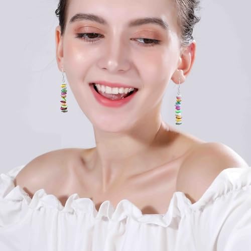 Handmade Bohemian Vintage Silver Nature Stone Beads Long Dangle Drop Earrings for Women - color: Light Colorful