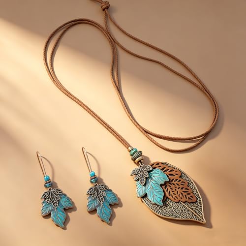 Wooden Leather Necklaces Set Bohemian Wood Stack Discs Long Chain Hemp Rope Bronze Plated Pendant Ethnic Tribal Fall Leaf Earrings Jewelry Statement Necklace - color: R-029
