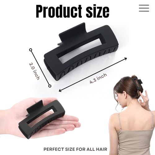 12 Pack Large Black Square Hair Claw Clips for Women, 4.3 Inch Matte Rectangle Claw Clips, Strong Hold & Non-Slip for Thick or Thin Hair - color: Black