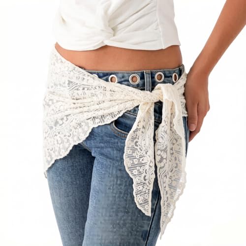 Women's Floral Lace Triangle Hip Scarf Head Kerchief Tie Waist Belt Sheer Hip Wrap Boho Head Scarf Hair Accessory - color: Z4-white
