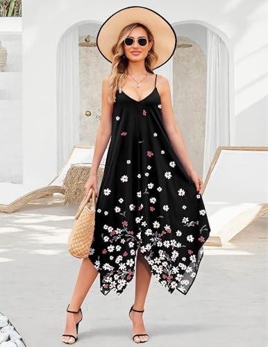 Chigant Women's 2026 Summer Dress Casual Boho Sundress Spaghetti Strap Swimwear Cover Up Beach Flowy Midi Vacation Dresses - color: Black Plum Blossom, size: Small