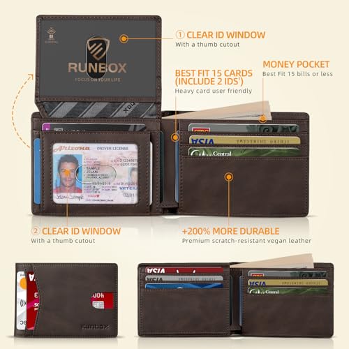 RUNBOX Wallet for Men -Slim Rfid Leather Mens Bifold Novelty Wallets 2 ID Window With Gift Box Men's Accessories | Slim - color: CH DARK BROWN