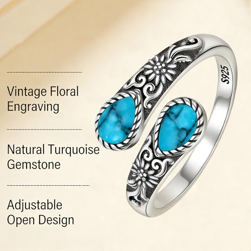 Adjustable Thumb Rings for Women Vintage Moonstone Obsidian Turquoise, Spoon Style Adjustable Ring Gift for Her, Sister, Mom – Natural Gemstone Jewelry - style: Turquoise Flower Ring