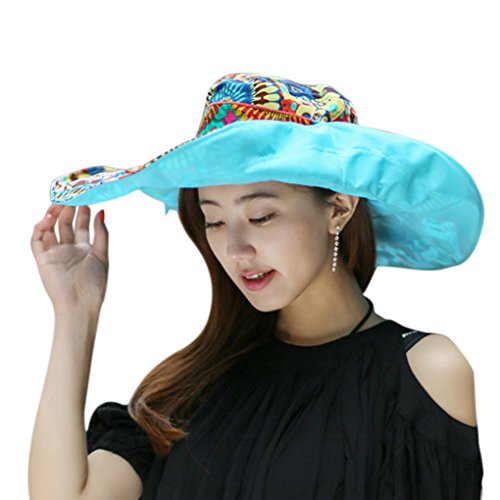 Women's Foldable Floppy Sun Hats Reversible Vacation Beach Cap Summer Wide Brim UPF 50+ Travel Fishing Bucket Hat - color: Blue