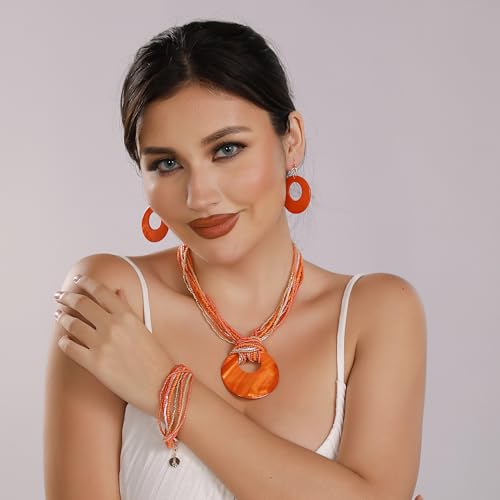 Coiris Multi Strand Statement Colorful Beaded Necklace with Big Circle Shell Pendant for Women - color: ST0012-Orange