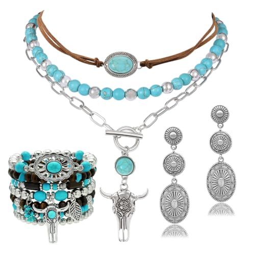 3 Pcs Layered Western Jewelry Set for Women Boho Turquoise Beaded OX-Head Necklaces Western Cactus Cowboy Chic Earrings Rustic Cowgirl Stack Bracelets Country Concert Outfits Accessory - color: Silver Concho OX-Head