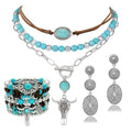 3 Pcs Layered Western Jewelry Set for Women Boho Turquoise Beaded OX-Head Necklaces Western Cactus Cowboy Chic Earrings Rustic Cowgirl Stack Bracelets Country Concert Outfits Accessory - color: Silver Concho OX-Head