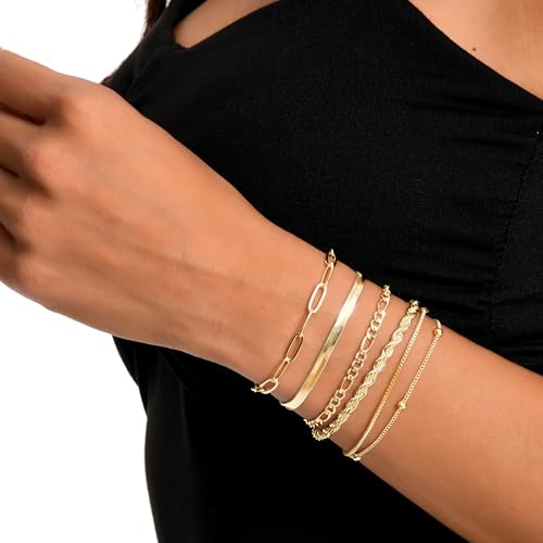 Dainty Gold Bracelets for Women, 14K Gold Plated Stackable Bracelet Set, Adjustable Beaded Cuban Paperclip Herringbone Figaro Snake Rope Chain Jewelry - style: Set1-1 Gold 6Pcs