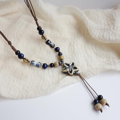 Boho Style Colorful Ceramic Bead Strand Necklace Adjustable Bohemian Jewelry Gift for Women, Fashion Clothing Matching Necklace - color: Brown-Black