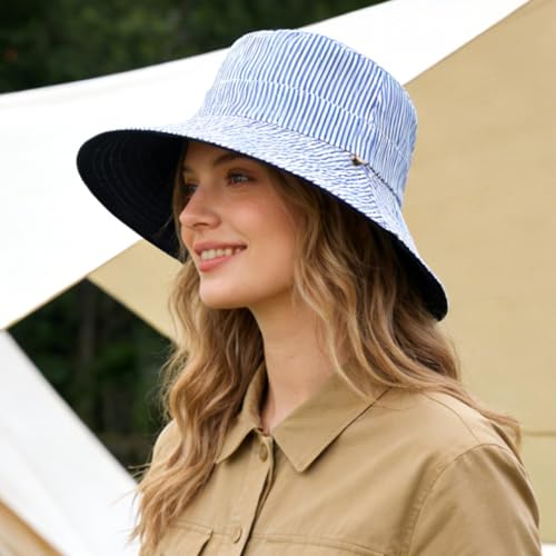 Women's Summer Sun Hat - Reversible Design with Striped Lining Adjustable Brim for Travel and Outings Cap - color: Stripes-navy