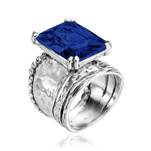 JEAN RACHEL JEWELRY 925 Sterling Silver Ring - Hammered Vintage Design with Octagon Shaped Cubic Zirconia - Hypoallergenic, Lead & Nickel Free - Artisan Handcrafted Statement Rings for Women - color: Sapphire CZ