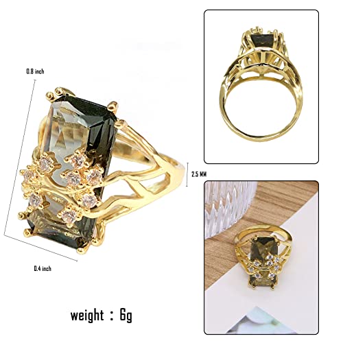 Luxury Champagne Crystal Rectangle Wedding Ring Flower Zirconia Cocktail Exaggeration Engagement Charm Statement Jewelry Finger Rings for Women Gift 14k Gold Plated