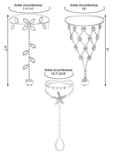 Hicarer 6 Pcs Foot Jewelry Barefoot Sandals for Women Rhinestone Bohemian Foot Ankle Chains for Beach Wedding - style: Rhinestone Star Leaf Mesh Style