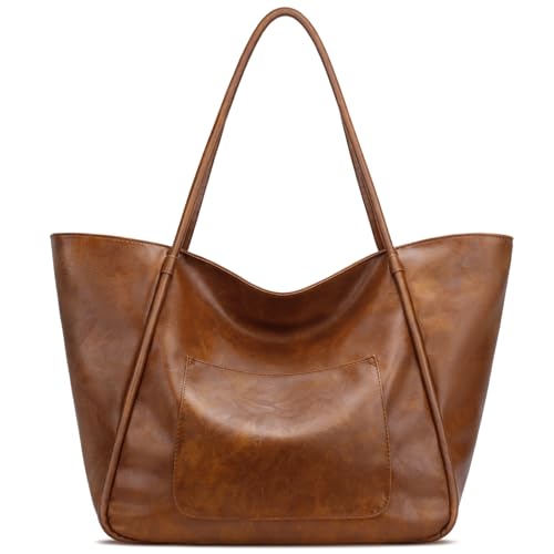 KKXIU Large Tote Bag for Women with Zipper Work Leather Travel Purse and Handbags - color: Dark Brown