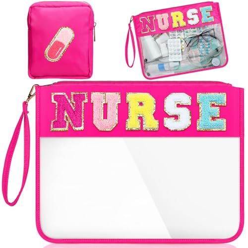 Hillban 2 Pcs Nurse Week Gift Makeup Cosmetic Bag Nurse Appreciation Gift for Women Clear Chenille Letter Bag Toiletry Zipper Pouch Waterproof Travel Purse Survival Kit Medical Accessories - style: Nurse Theme