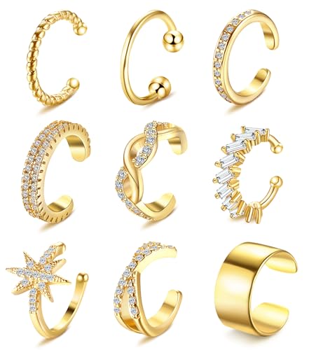 Dochais 9Pcs Ear Cuff 14K Gold Plated Cuff Earrings Gold Ear Cuffs Non Pierced Ear Clips Cartilage Earring Fake Earrings - style: A-9pcs-Gold