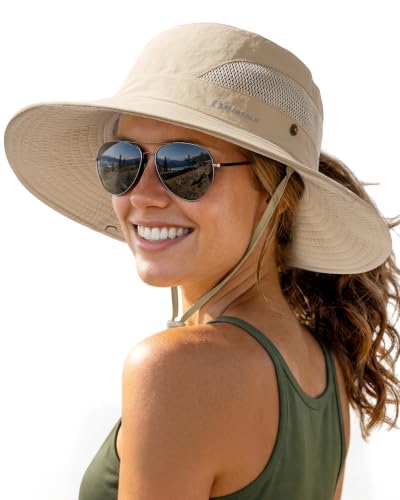 FURTALK Womens Sun Hat with Ponytail Hole Beach Hiking Summer Wide Brim UPF 50+ Outdoor Protection Foldable Bucket Hat - color: Khaki