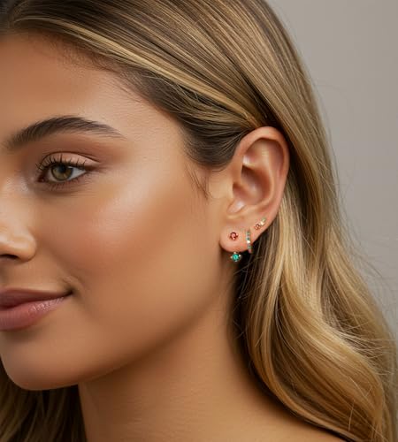 6 Pairs 14K Gold Plated Stud Earrings for Women, Hypoallergenic Cartilage Earrings for Multiple Piercing, Dainty Small Stackable Earrings Set for Jewelry Gift - color: Gold-3 Pairs Chrismas