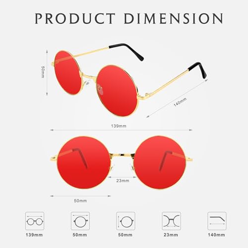 NACHLYNN Round Hippie Sunglasses Metal Border Circle Hippie Glasses UV380 Protection 70s Sunglasses for Men Women Party Favor - color: Red