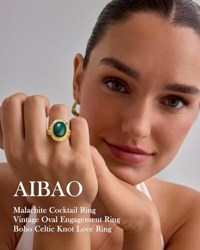 AIBAO 4-12 Ct Large Oval Engagement Rings for Women Natural Turquoise/Lapis Lazuli/Malachite Celtic/Infinity/Love Knot Halo Ring Size 6 to 10 Anniversary Christmas Valentines Gift - style: 12.1 Ct Malachite & Created White Sapphire