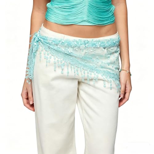 Women's Floral Lace Triangle Hip Scarf Head Kerchief Tie Waist Belt Sheer Hip Wrap Boho Head Scarf Hair Accessory - color: Z1-blue