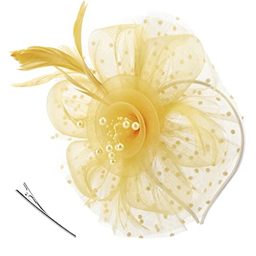 DRESHOW Fascinators Hat Flower Mesh Ribbons Feathers on a Headband and a Clip Tea Party Headwear for Girls and Women - color: 7" Diameter / Ginger