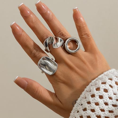 Chunky Vintage Gold Statement Dome Rings Set for Women Dainty 14K Gold Geometric Circle Hollow Knuckle Finger Ring Punk Silver Textured Midi Jewelry - color: Silver