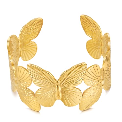 WOWORAMA Chunky Gold Cuff Bracelets for Women Vintage Gold Flower Butterfly Bracelet Trendy Boho Wide Open Cuff Bangles Matte Statement Bracelet - color: Gold-tone Butterfly