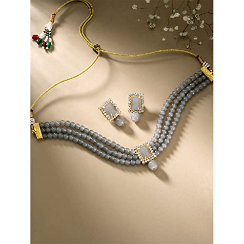 Aheli Ethnic Choker Necklace Earrings Wedding Bollywood Party Jewelry Set Gift for Women - color: Grey