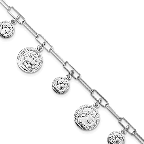 Sterling Silver Rhodium-plated Polished Coin Charm w/ 1in ext. Bracelet 6.75' Gift for Women, AFJ-QG-QG5992-6.75