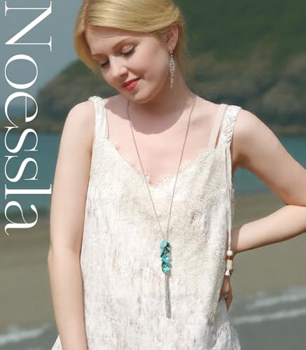 Noessla Boho Long Pendant Necklaces for Women Silver Tassel Long Necklace Sweater Chain Mothers Day Gifts Silver Costume Jewelry for Women - color: 81-Turquoise