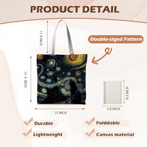 Preppy Animal Tote Bag, Pet Canvas Tote Bag, Reusable Grocery Shopping Shoulder Bags - color: Black Cat