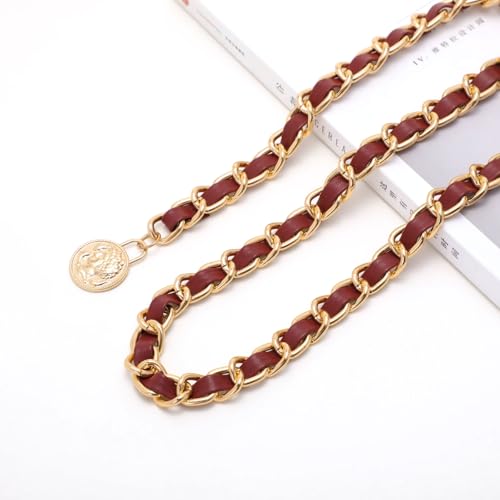 YooAi Chain Belts Leather Waist Belt for Women Layered Metal Chain Belt - size: M/L: fits waist from 31"-40", style: Red