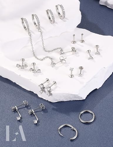 LOLIAS 16G/18G/20G Flat Back Earrings for Women Threadless Surgical Steel Stud Hoop Earrings Push in Nose Studs Hypoallergenic CZ Cartilage Earring Set Labret Helix Tragus Conch Piercing Jewelry - color: Silver, size: 20G(0.8MM)-CZ