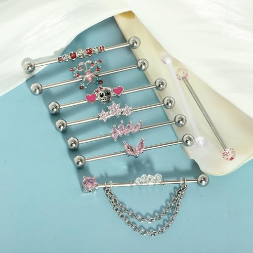 Suotarn 14G Industrial Piercing Jewelry For Women Men Stainless Steel 38 Industrial Barbell Long Cartilage Helix Conch Earrings Stud 14G Gauges Industrial Jewelry Butterfly Heart Cool 7-18pcs - color: pink