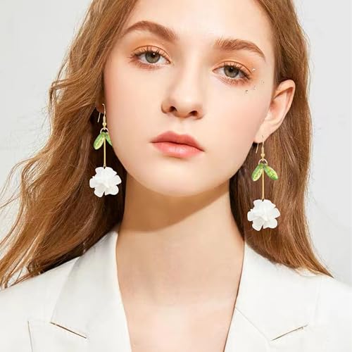 Resin Flower Cluster Ball Dangle Drop Earrings for Women Spring Summer Bohemian Floral Petal with Green Leaf Earrings Vacation Party Jewelry - color: White