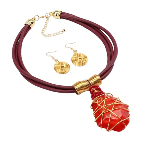 Ethnic Crystal Rhinestone Pendant Necklace Earrings Set Women Handmade Tribal Collar Choker Chunky Metal Bib Rope Chain African Statement Jewelry Set - color: N1505-red