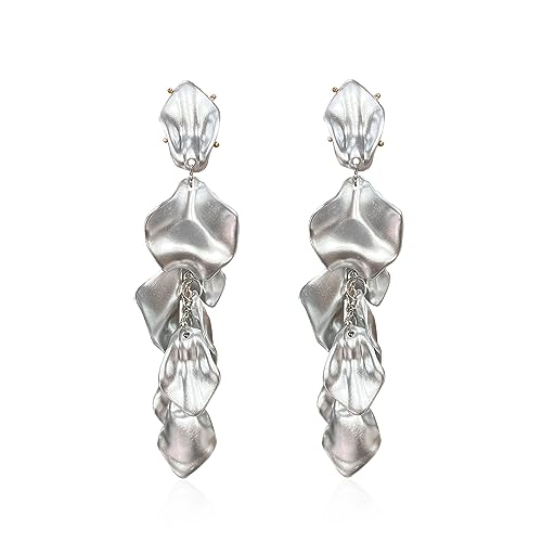 Long Acrylic Rose Petal Earrings Dangle Exaggerated Flower Earrings Drop Statement Floral Tassel Earrings for Women - color: Silver