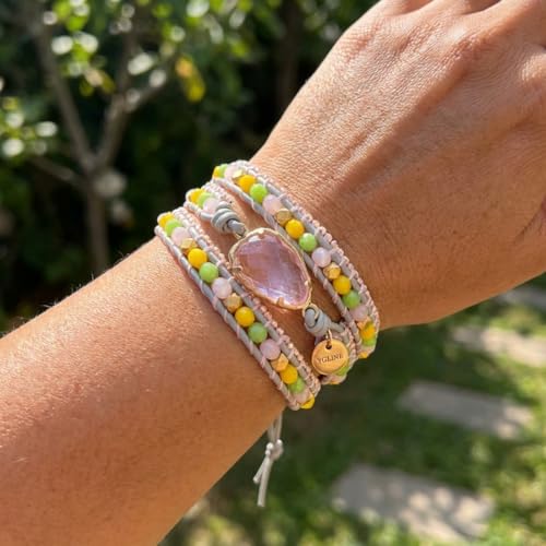 YGLINE Natural Stone Beaded Healing Wax String 5 Wraps Bracelets - color: pink