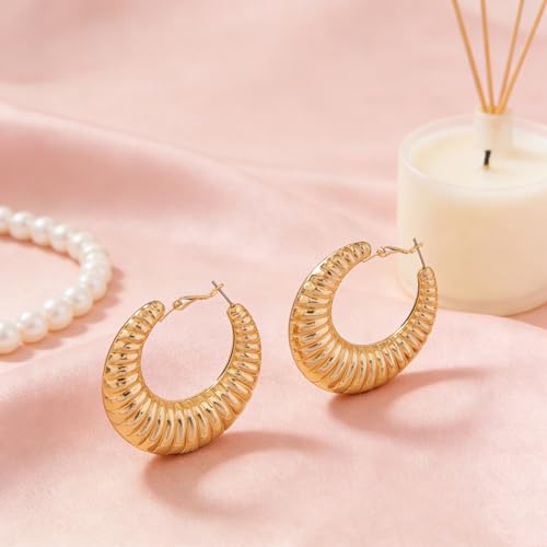 Gold Textured Hoop Earrings for Women, Lightweight Chunky Gold Hoop Earrings with 3D Ribbed Texture, Hypoallergenic Large Round Hoop Jewelry for Daily Party Wear