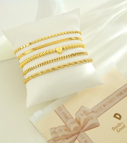 doubgood Gold Bracelets for Women Stackable, 14K Gold Plated Waterproof Bracelet Set, Dainty Adjustable Gold Bracelet Stack with Heart Initial Charm Layered Chain Jewelry Gifts for Women - color: K - Gold