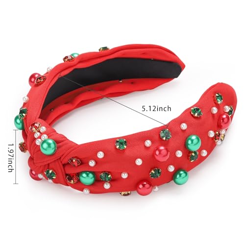 WantGor Pearl Knotted Headband, Women Rhinestone Embellished Hairband Elegant Wide Top Knot Bride Headbands Headpieces Party Fashion Elegant Ladies Hair Band Hair Hoop Accessories (Christmas Red) - color: Christmas Red