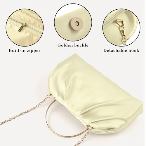 ERKOON Clutch Purse for Women Elegant Pleated Evening Bag Crossbody Shoulder Handbag Envelope Bag with 2 Detachable Chain - color: Beige